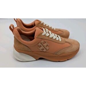 Tory Burch Good Luck Trainer Leather Suede Peach Orange Sneaker Size 8M Preppy